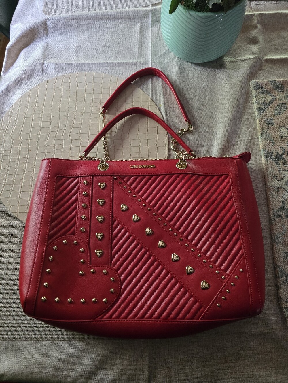 Love Moschino Red Quilted Tote with Heart Stud Accents